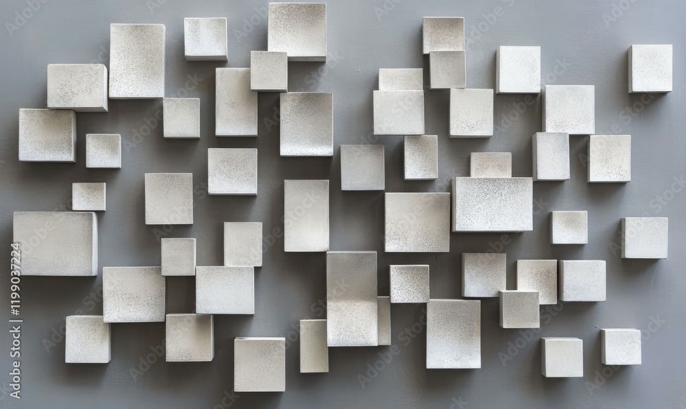 An arrangement of small square shapes in varying sizes and orientations on a grey background, An arrangement of small square shapes in varying sizes and orientations on a grey background,