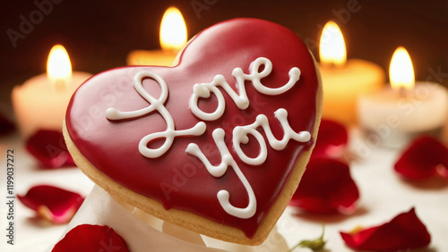 Valentine's Day, Heart-shaped icing cookie: A close-up photo of a heart-shaped icing cookie with the words "I LOVE YOU" written in elegant, cursive icing lettering