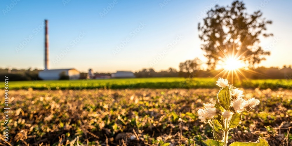 Obraz premium environmental impact carbon policy concept. A flower blooms in a field, with a factory and sunset in the background, symbolizing nature and industry coexistence.