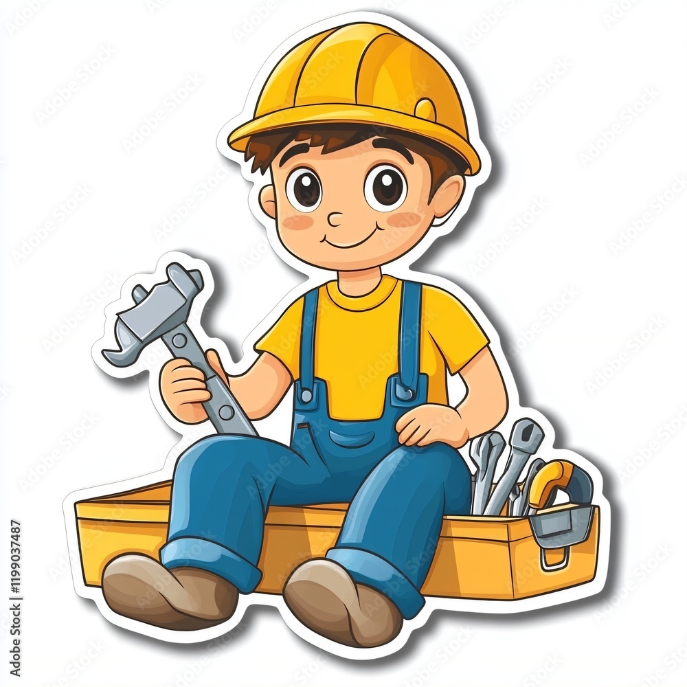 Cartoon boy with tools and hard hat sitting cheerfully Cartoon boy with tools and hard hat sitting cheerfully