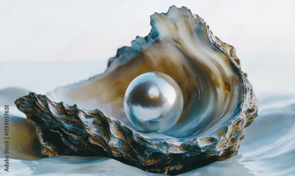 An intimate view of a pearl within an open oyster shell on a white surface, evoking natural beauty and richness An intimate view of a pearl within an open oyster shell on a white surface, evoking natural beauty and richness