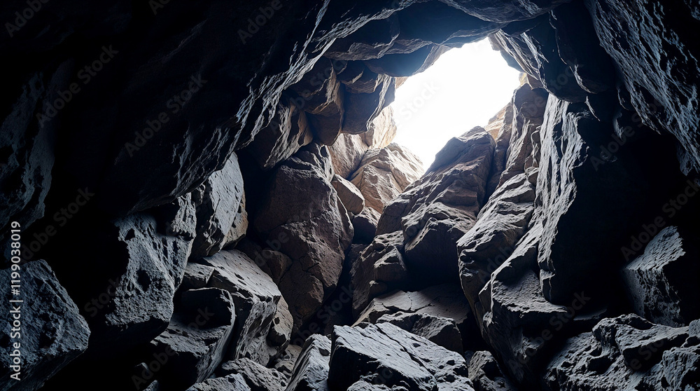 Bottom-up perspective of a hole in rocks, focusing on the interplay of light and shadow, dramatic lighting, contrasting textures, neutral to cool tones, copy-space Bottom-up perspective of a hole in rocks, focusing on the interplay of light and shadow, dramatic lighting, contrasting textures, neutral to cool tones, copy-space
