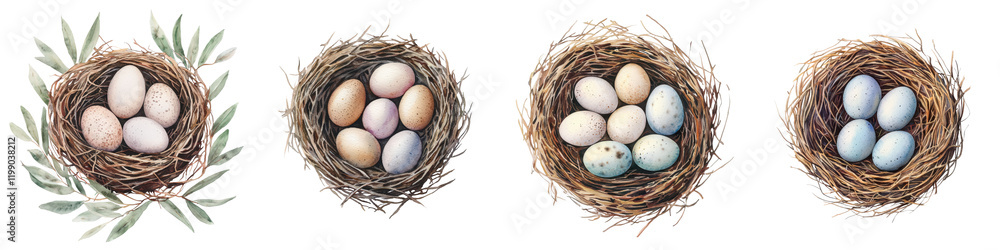 Obraz premium Close up view of an assortment of natural bird nests each containing a variety of colorful speckled eggs set against a backdrop of lush foliage and natural elements in an outdoor woodland environment