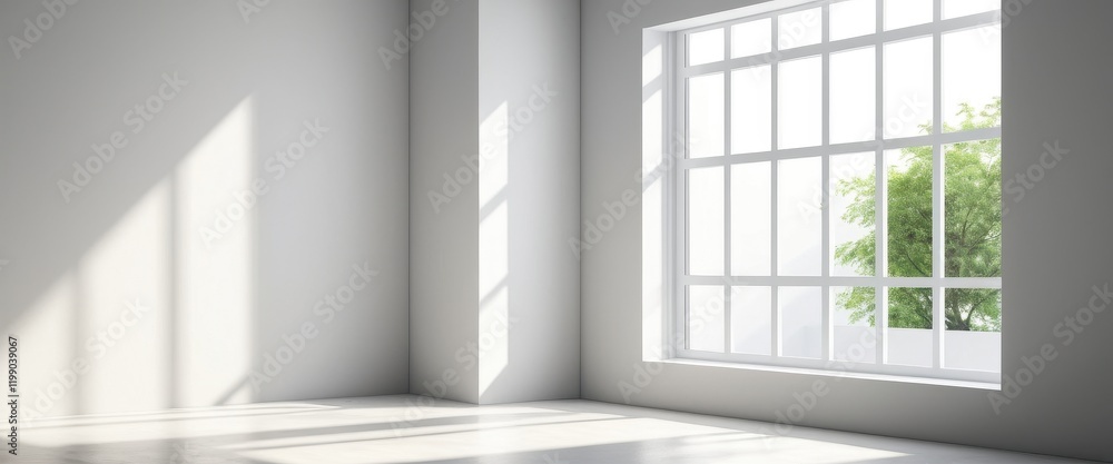 Fototapeta premium Sunlit minimalist room interior with large window and greenery