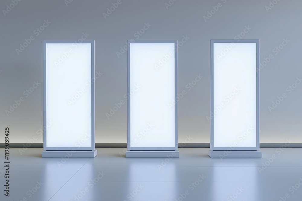 Clean setting featuring three white lightbox billboards for ad mockups. Clean setting featuring three white lightbox billboards for ad mockups.