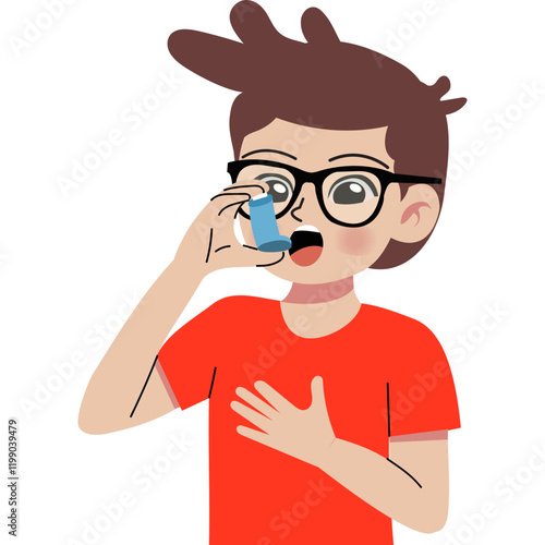 Boy treating asthma with inhaler