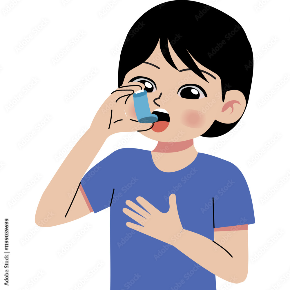 Boy treating asthma with inhaler Boy treating asthma with inhaler