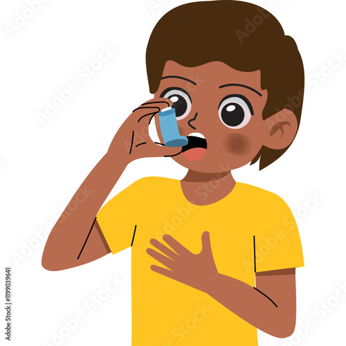 Boy treating asthma with inhaler