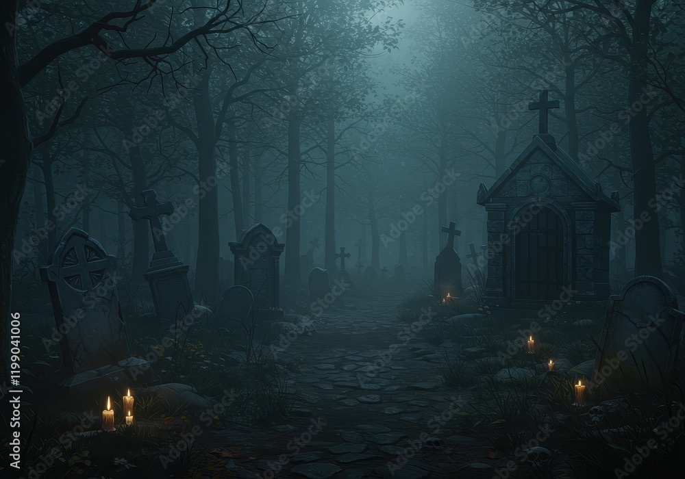 Mystical cemetery at night with fog and candlelit tombstones in dark forest Mystical cemetery at night with fog and candlelit tombstones in dark forest