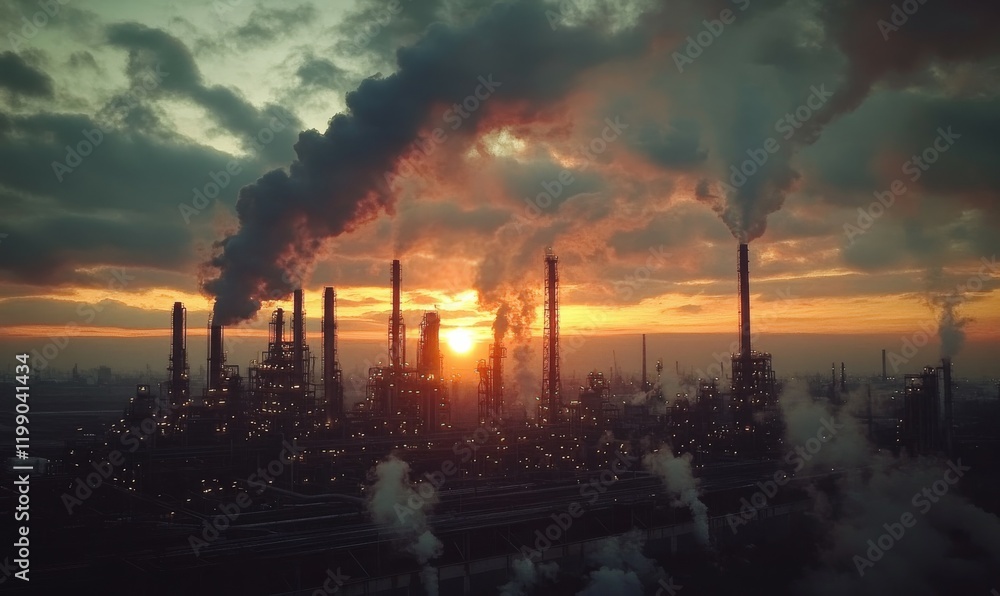 Fototapeta premium Close up Industrial view at oil refinery plant form industry zone with sunrise and cloudy sky