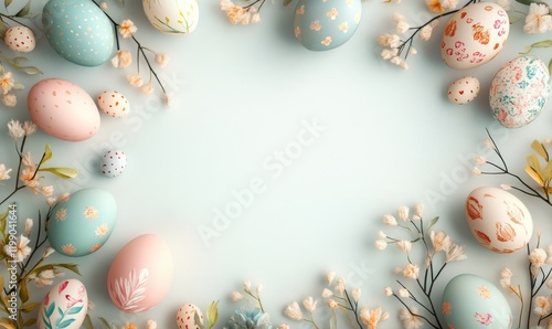 Wallpaper Mural Beautiful postcard design with painted Easter eggs and soft floral decorations, framed against a light background. Torontodigital.ca