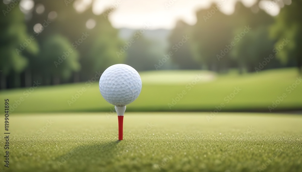 Golf ball resting on green with rolling landscape. Soft bokeh background. Golf ball resting on green with rolling landscape. Soft bokeh background.