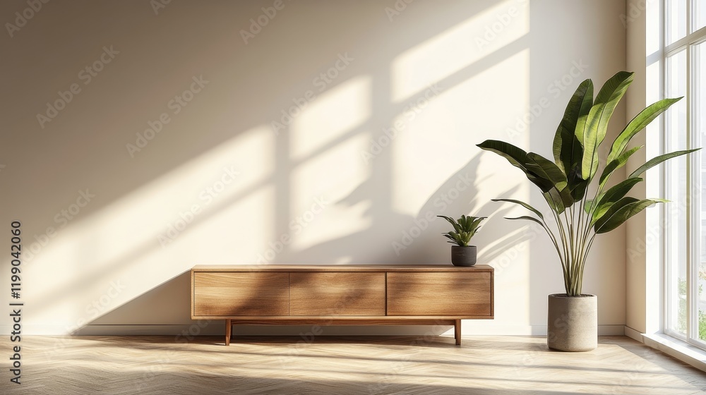 Fototapeta premium Minimalist living room design with Wooden TV cabinet 
