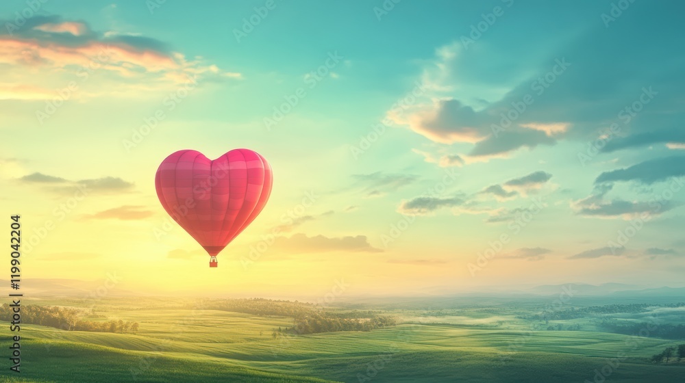 Fototapeta premium A vibrant hot air balloon in the shape of a heart gracefully drifts above a lush green landscape as the sun sets, creating a romantic and enchanting atmosphere ideal for Valentine's Day
