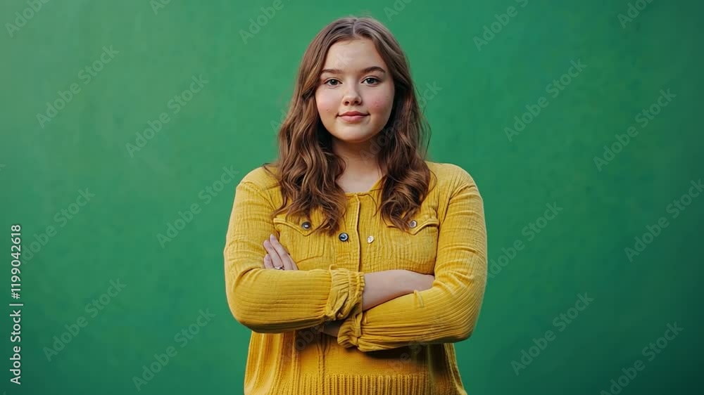 Confident Young Woman: A portrait of a young woman with long brown hair, wearing a mustard yellow cardigan, standing confidently with her arms crossed against a vibrant green background. Confident Young Woman: A portrait of a young woman with long brown hair, wearing a mustard yellow cardigan, standing confidently with her arms crossed against a vibrant green background.