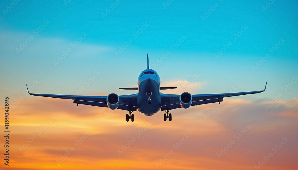Front view of an airplane mid-flight with blazing orange and blue sunset sky, symbolizing aviation and travel freedom Front view of an airplane mid-flight with blazing orange and blue sunset sky, symbolizing aviation and travel freedom