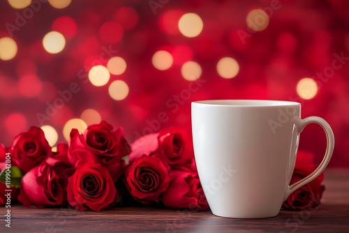 Fresh Herbs and Spices on a Wooden Cutting Board in a Kitchen, White mug on the wooden table,A plain white coffee mug sits beside a sleek black coffee maker on a minimalistic table. The setting featur photo