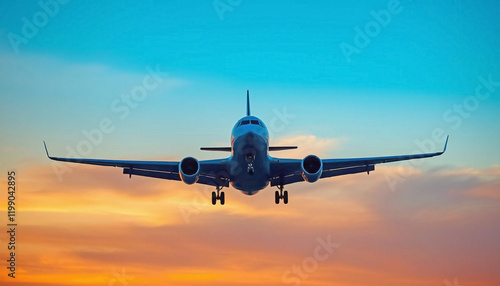 Wallpaper Mural Front view of an airplane mid-flight with blazing orange and blue sunset sky, symbolizing aviation and travel freedom Torontodigital.ca