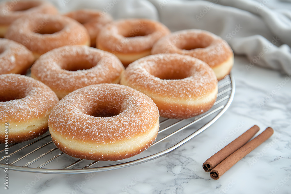 Artisanal Cider Donuts Neatly Displayed in Local Bakery  