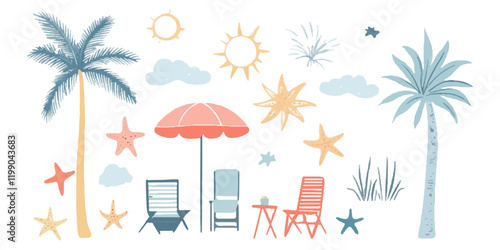 Set of cute summer clip art illustrations, featuring a beach umbrella and chairs, palm trees, clouds, suns, in pastel colors on a white background.