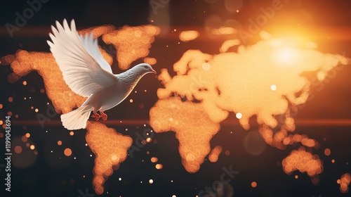 Dove landing on a world map glowing with disarmament zones
