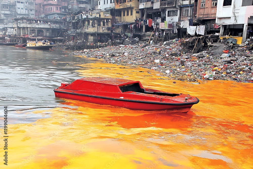Fototapeta premium A small red boat floats amidst a river heavily polluted with orange waste