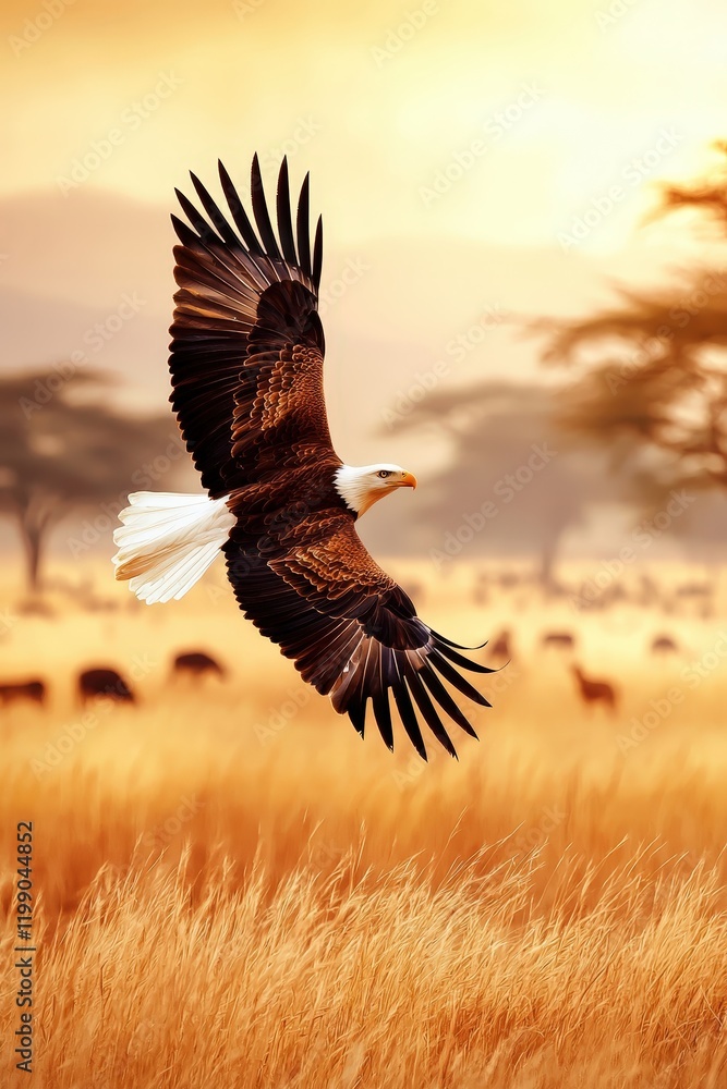 Fototapeta premium Eagle soaring over a golden savanna with animals grazing below