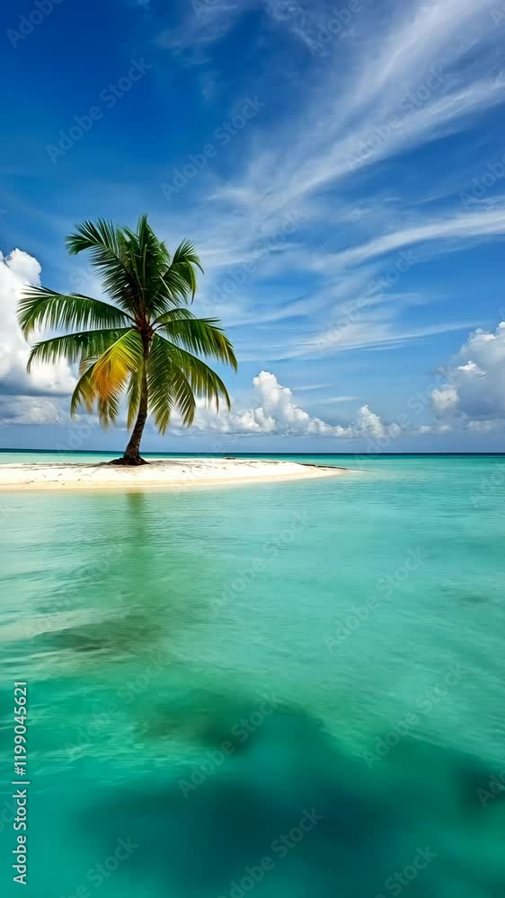 Vibrant tropical paradise features a lone palm tree on a pristine beach under a bright blue sky with fluffy clouds Vibrant tropical paradise features a lone palm tree on a pristine beach under a bright blue sky with fluffy clouds