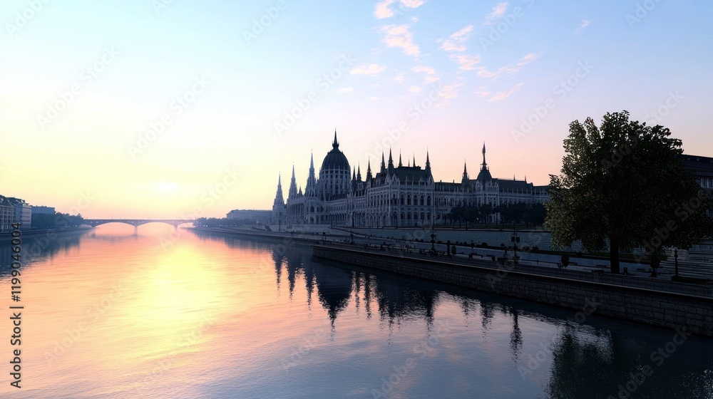 Fototapeta premium Sunrise Cityscape with River Reflection