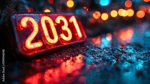 Neon 2031 Sign with Festive Glow. Generative AI photo