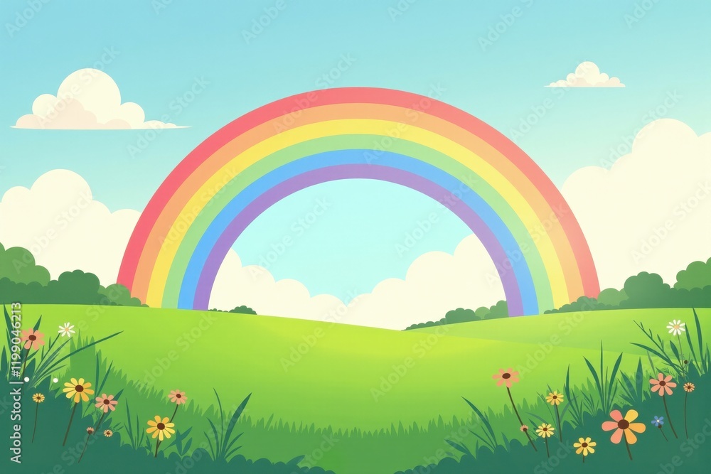 Serene landscape with vibrant rainbow and lush greenery in springtime meadow Serene landscape with vibrant rainbow and lush greenery in springtime meadow
