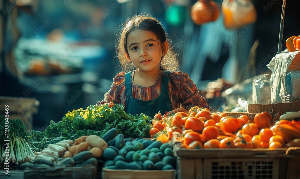 Girl selling vegetables on the market, organic food concept, generated ai Girl selling vegetables on the market, organic food concept, generated ai