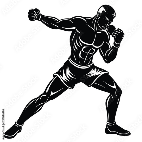 minimalistic vector silhouette of a boxer in a dynamic fighting stance 