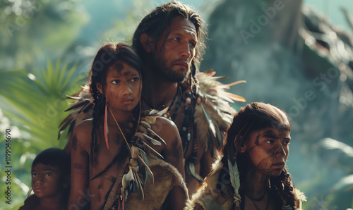 Ancient savage man with children, tribal population, generated ai  photo