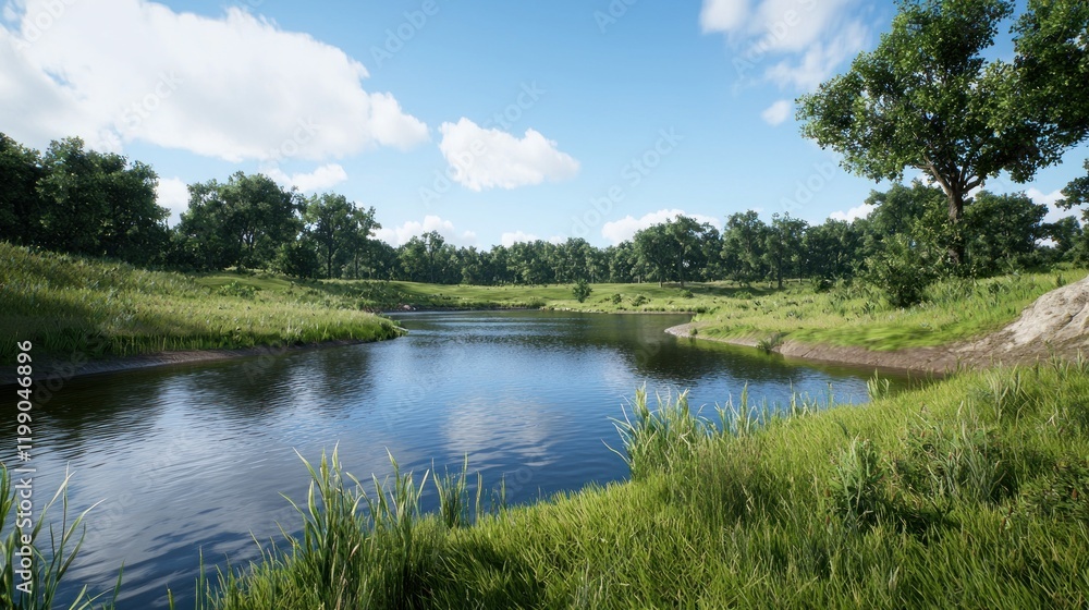 Serene landscape with a calm river and lush greenery. Serene landscape with a calm river and lush greenery.