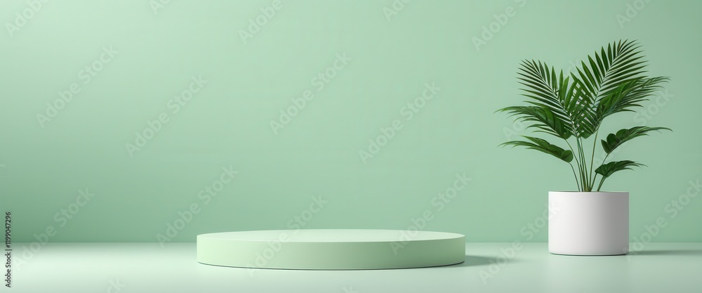 Minimalist green interior with plant and round pedestal display Minimalist green interior with plant and round pedestal display