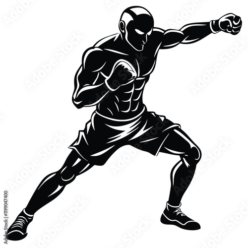 minimalistic vector silhouette of a boxer in a dynamic fighting stance 