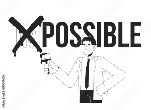 Transforming impossible to possible black and white 2D illustration concept. Workplace motivation. Overcoming career challenges. Employee outline character isolated. Metaphor monochrome vector art
