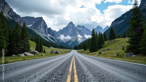 A sweeping panorama of a dark-gray asphalt road stretching into the horizon, framed by its vibrant yellow centerline and lush, verdant grasslands on either side under an open sky photo