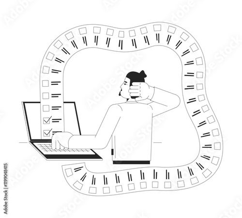 Long list tasks is overwhelming black and white 2D illustration concept. Endless work. Overload overburdened. Frustrated employee at laptop outline character isolated. Metaphor monochrome vector art