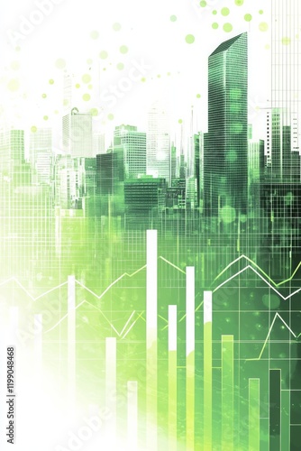 Wallpaper Mural Background of a stock market bar graph, with a cityscape at the back in a white and green color scheme Torontodigital.ca