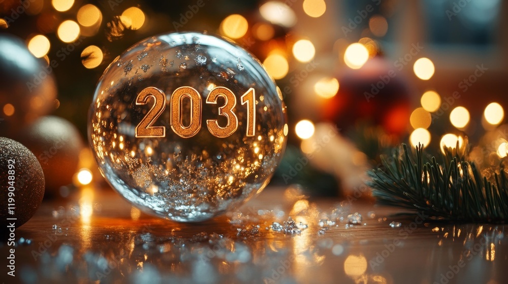 Crystal Ball 2031 with Festive Lights. Generative AI Crystal Ball 2031 with Festive Lights. Generative AI