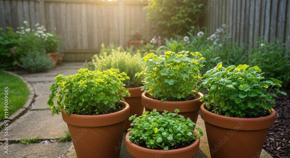 Sunlit herb garden with lush greenery in terra cotta pots Sunlit herb garden with lush greenery in terra cotta pots