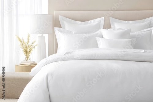 Comfortable white bed with pillows and blanket inviting a restful sleep