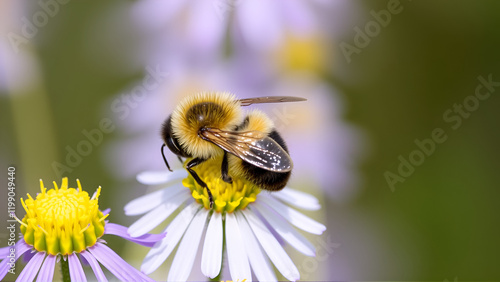 Closeup on a Davies' Cellophan bee, Colletes daviesanus , sitting on a yellow Tansy, Tanacetum vulgare, flower photo