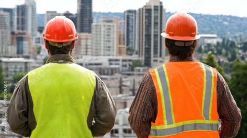 Construction Workers Contemplating City Skyline photo