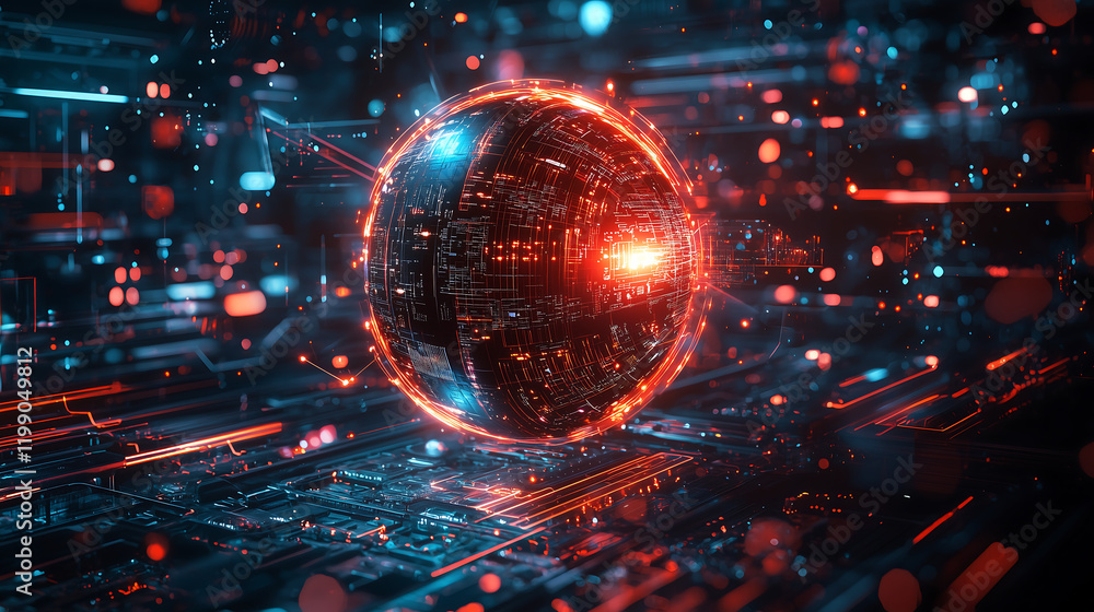 Fototapeta premium Glowing AI Core Levitating in Futuristic Chamber with Intricate Digital Circuits and Red Illumination Representing Advanced Artificial Intelligence Technology and Cybernetic Innovation Concepts