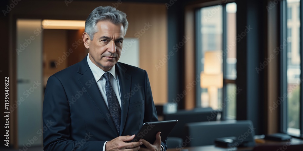 Confident businessman holding tablet, serious expression, modern office background. Strategic planning concept. Confident businessman holding tablet, serious expression, modern office background. Strategic planning concept.