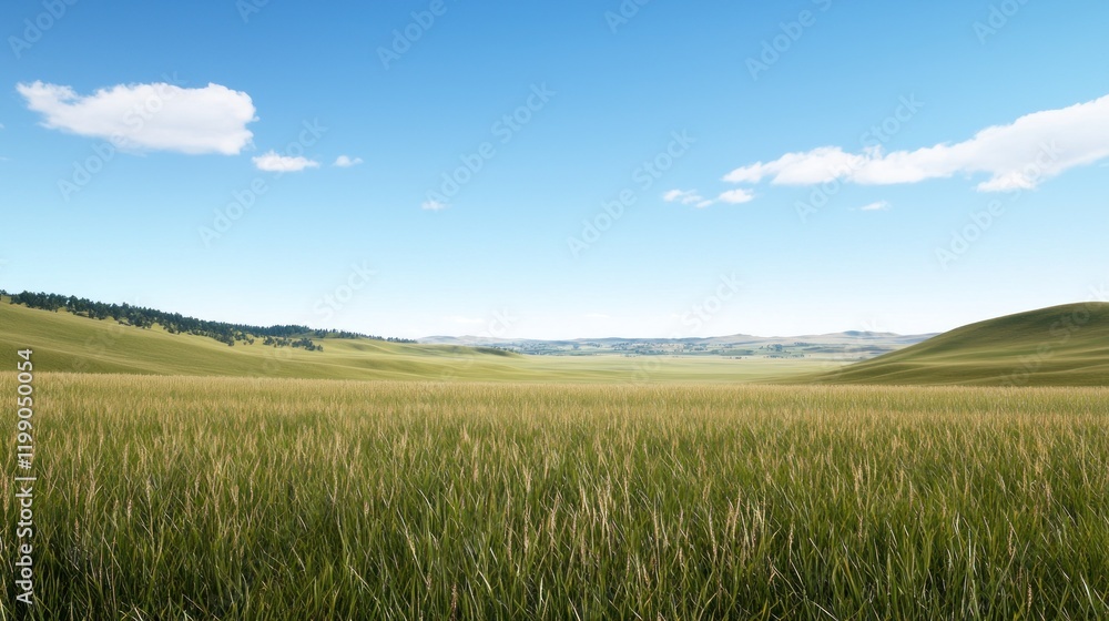 Expansive green landscape under a clear blue sky. Expansive green landscape under a clear blue sky.
