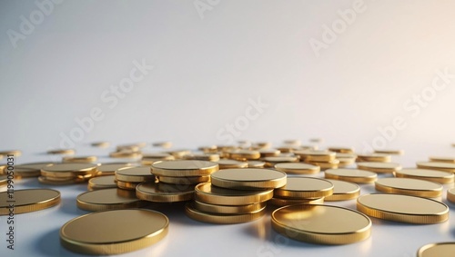 A glittering pile of golden coins, scattered on a pristine white surface, gleaming under soft light.  Wealth and prosperity. photo